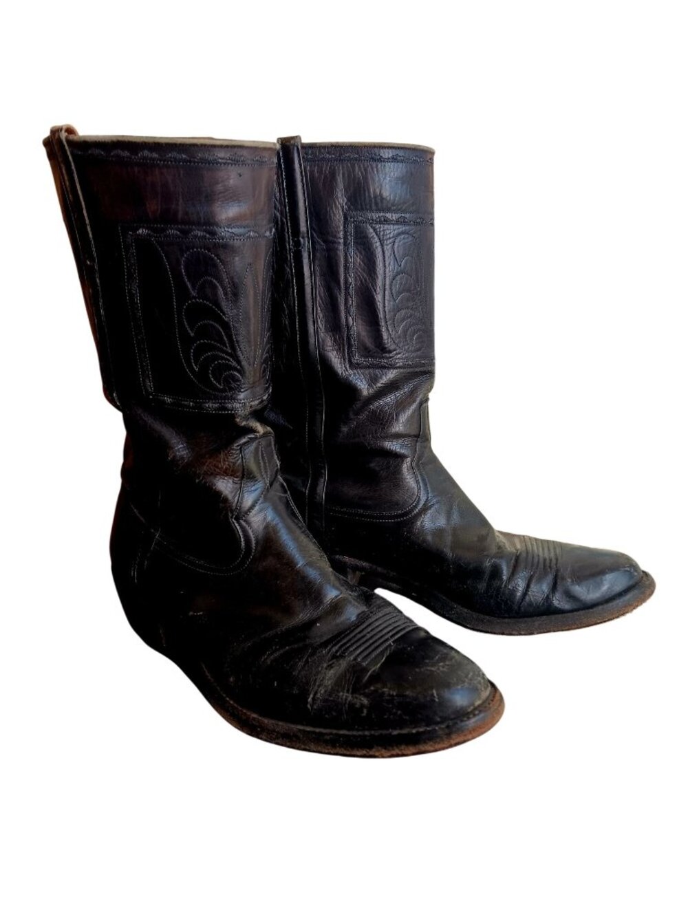 10D Vintage Handmade 1960's Black Leather Cowboy Boots Men’s 10 D USA